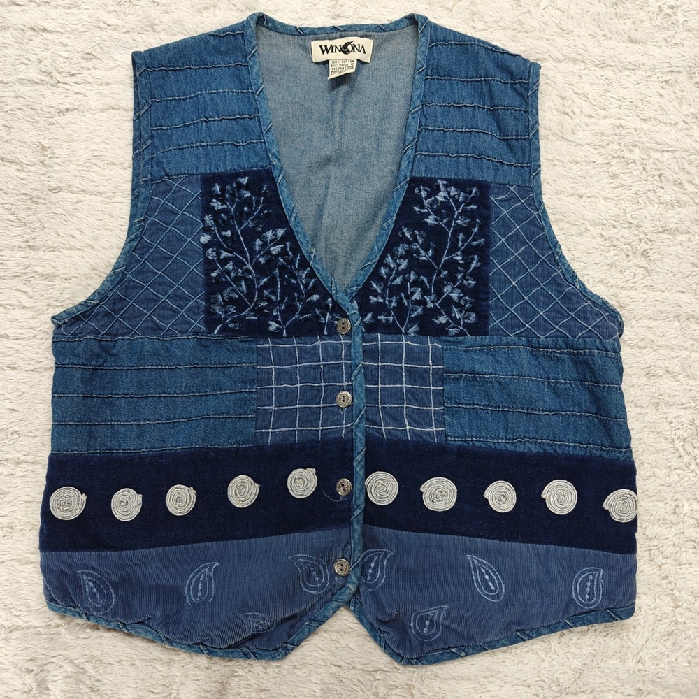 VTG Winona Denim Patchwork Vest Womens L Cottagecore Prairie Cotton Cowgirl Boho